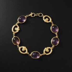 Vintage Inspired Amethyst Cabochon Gold Plated Link Bracelet Elegant & Timeless